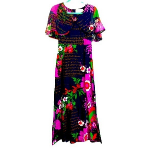 ERO Vintage Navy Blue Multi-Color Floral‎ Print Cotton Maxi Dress